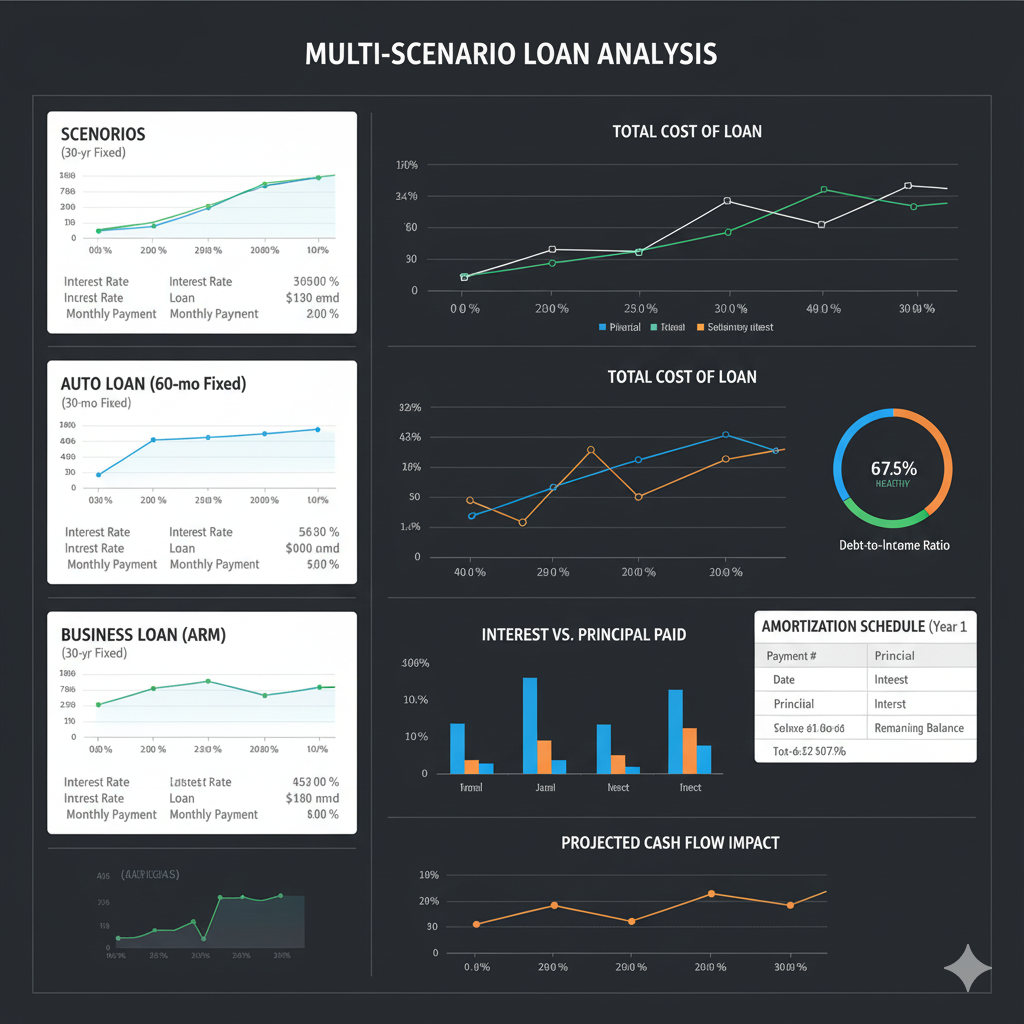 financial dashboard displaying multiple loan scenarios